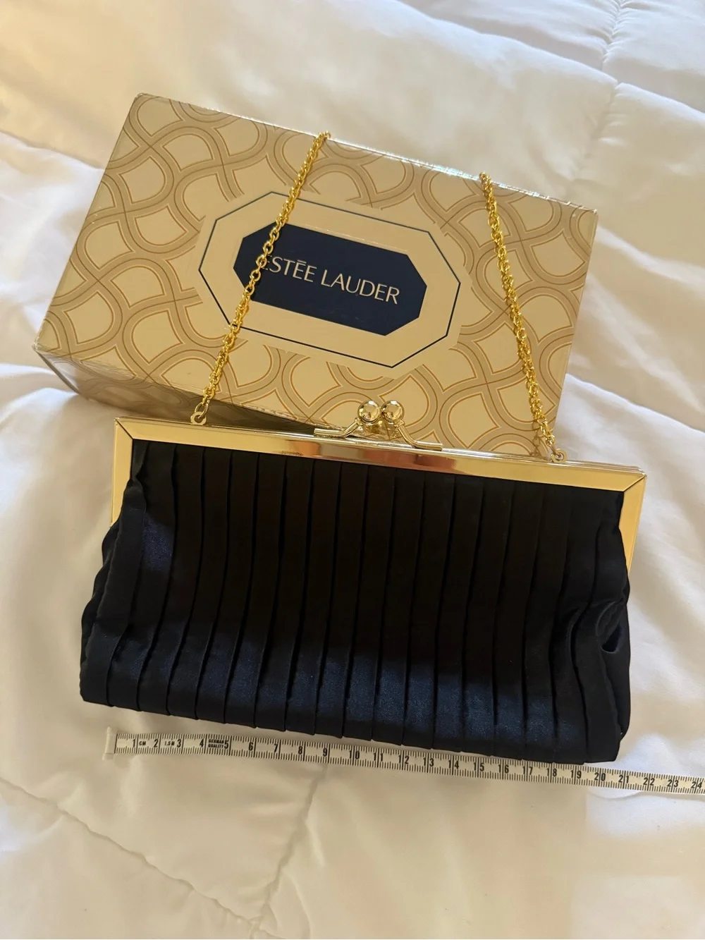 Estee Lauder Black Satin Pleated Clutch with Gold Chain